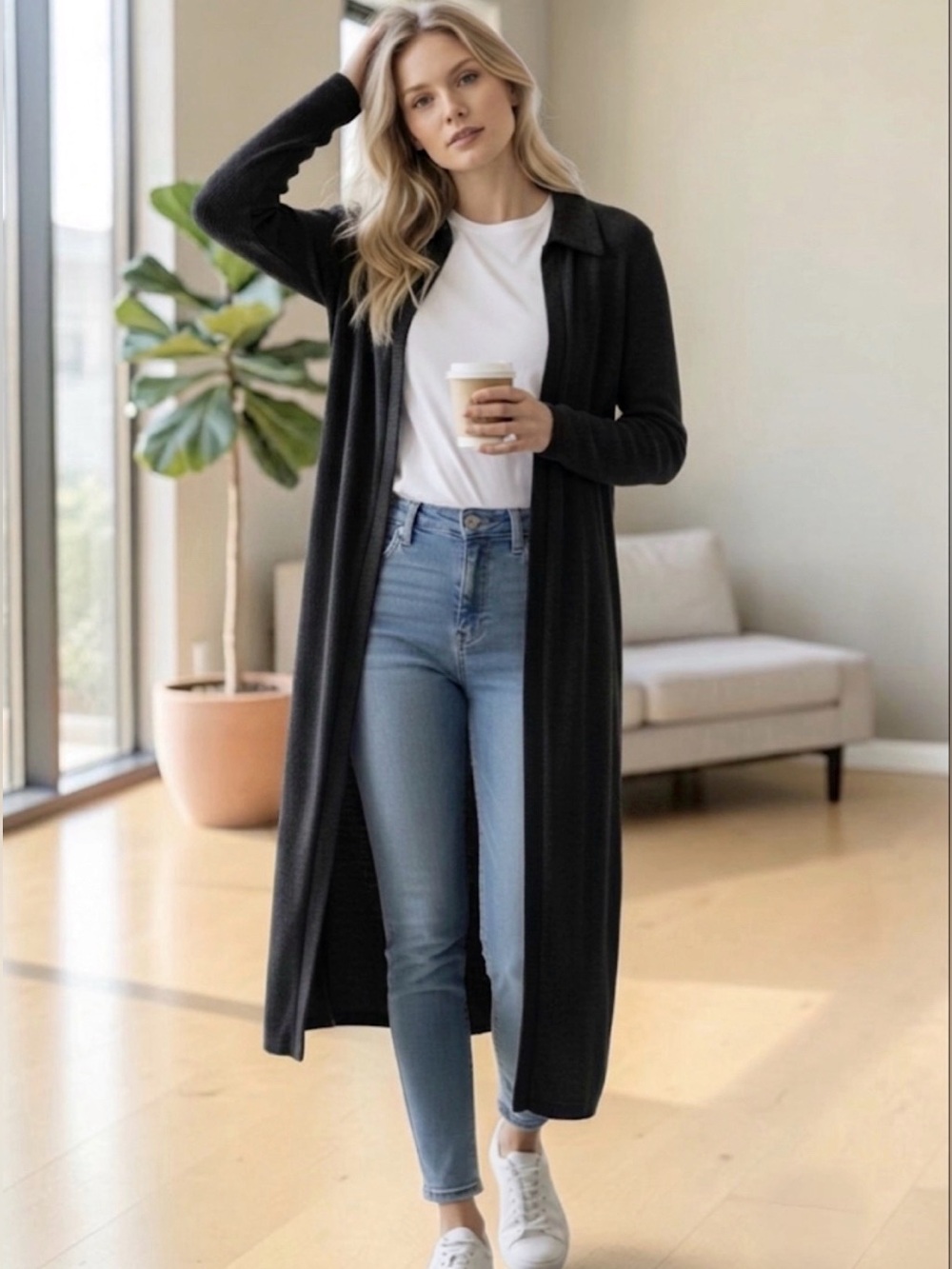 Extra Long Open-Front Cardigan in Black with Collar Fits Like Size Small